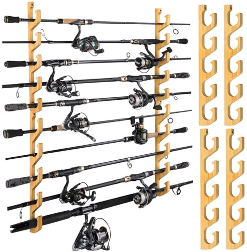 PLUSINNO WH5 Horizontale Angelruten-/Rutenhalter für Garage, Wand- oder Deckenmontage, Massivholz Angelrutenhalter hält bis zu 5/10/20 Ruten oder Combos Angelausrüstung, Geschenke für Männer