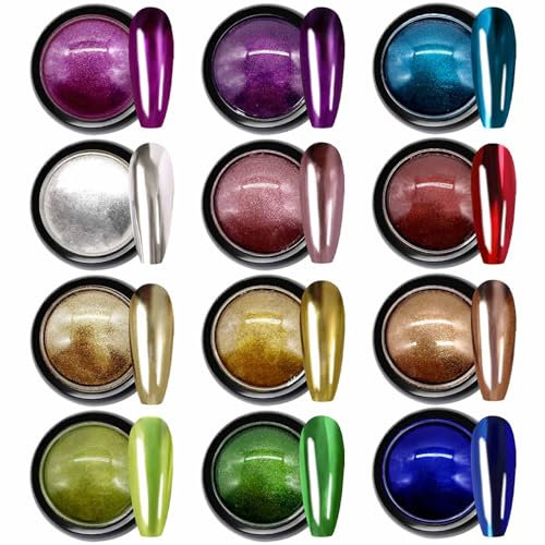 GZMAYUEN Chrome Glitter Powder, 12Pcs Chrome Pigments for Nail Art, Metallic Mirror Effect Nagel Chrom Pulver Set