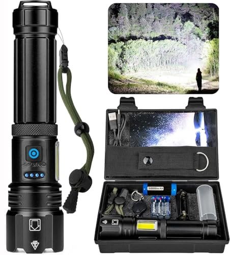 Lampe Torche LED Ultra Puissante, 100 000 Lumens Lampe Torche LED Rechargeable, 7 Modes Super Lumineuse, Longue Durée, IPX7 Étanche Idéal Pour Camping, Randonnée Et Urgences