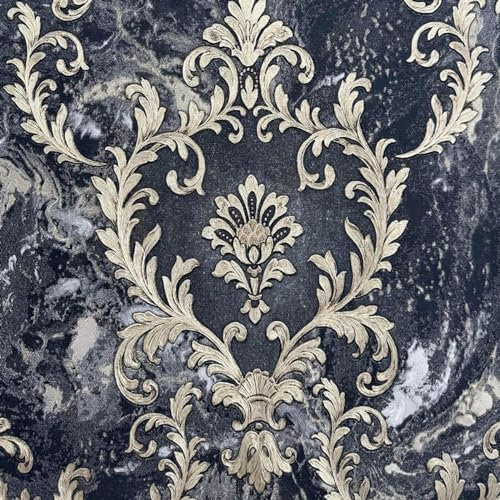 Vasari Sienna Damask Marble Black Gold Wallpaper - Classic Glamorous Metallic Effect - Luxury Italian Textured Vinyl