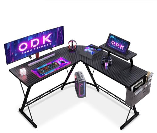 ODK Scrivania Gaming, Scrivania Computer 127x127cm con Supporto Monitor, Scrivania ad Angolo con Porta Cuffie per Gamer, Nero Carbonio