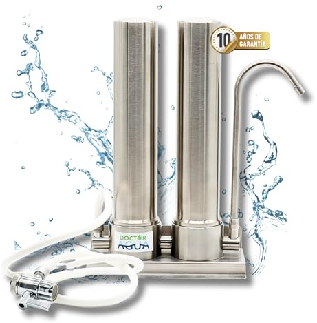 DOCTOR AGUA Filtre à eau écologique HCS Duo anticalcaire Ultra Purify avec zéolite - Sur plan de travail 300 l/h en acier inoxydable - Bactéricide et antiviral Élimine 99 % d'impuretés - Garantie 10