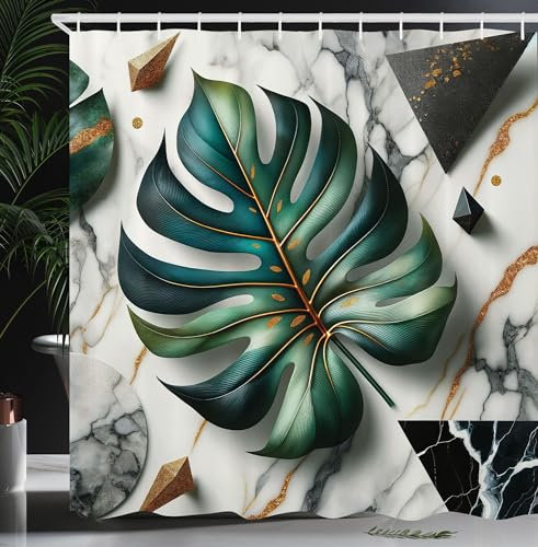 ABAKUHAUS Monstera Duschvorhang, Riesige Blätter auf Marmorhintergrunddruck Abstraktes Immergrünes Tanzen, Stoffliches Gewebe mit Haken, 175 x 240 cm, Farngrün Türkis Blasses Grau