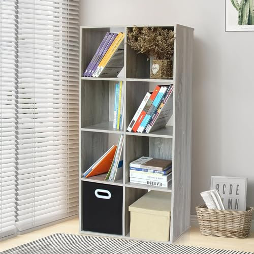 PACHIRA 8 Cube Wood Bookcase Grey, 2 * 4 Stackable Cube Storage Unit Freestanding Bookshelf Storage Shelf For Books CDs Clothes Toys Storage Cube Unit For Living Room Bedroom Hallway Office
