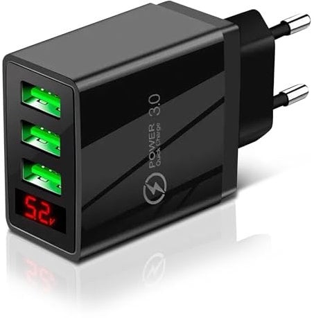 Leyf 15W USB A, 3 in 1 Ladegerät, 3 Port Netzteil, Kompatibel mit Allen Mobiltelefonmodellen und Tablets, QC 3.0 Schnellladegerät, Digitaler Bildschirm, iPhone ipad Samsung Galaxy Xiaomi Huawei