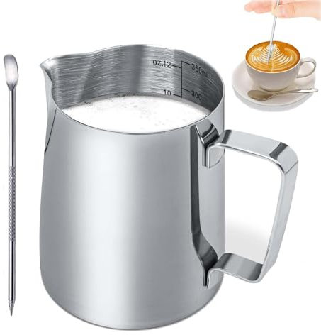 Pot à Lait, 350ml Café au Lait Cappuccino Pichet a Lait Inox pour Faire Mousser le Lait avec Stylo Décoratif pour le Café la Mousse de Lait Accessoires Machine à Expresso