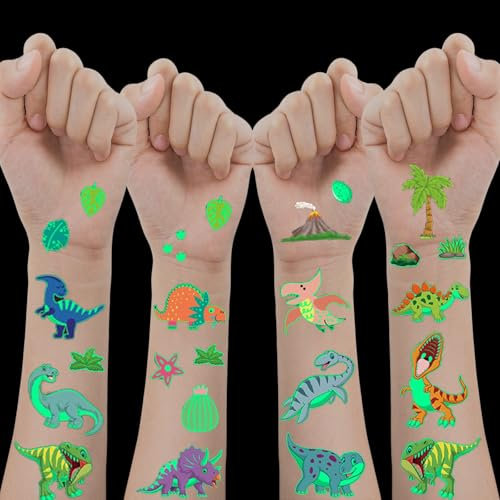 ROMANVIC Dinosaurier Tattoo Kinder Jungen Mädchen,10 Blätt im Dunkeln Leuchten Dino Kindertattoos, Temporäre Tattoos Aufkleber Set für Mitgebsel Kindergeburtstag Spielzeug Füllung Schultüte Junge