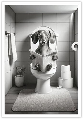 ADRHGCY Poster amusant de teckel - Décoration murale d'animal dans les toilettes assis sur les toilettes et lisant un journal - Décoration murale pour salle de bain, maison, chambre à coucher, dortoir