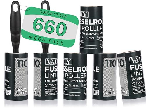 Vaily Fusselrolle Fusselentferner - Halter inkl. Ersatzrollen für Kleidung, Fussel, Staub, Haare und Tierhaare auf Kleidung und Möbel (660 Blatt)