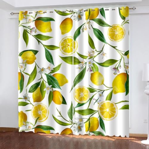Latwerio 3D Drucken Gardinen Zitrone Wohnzimmer Vorhänge, Zitrone Vorhang Blickdicht Ösen Wärmeisolierend Gardine, Schlafzimmer Deko Curtain 2 Stücke 75 x 166 cm BxH q292