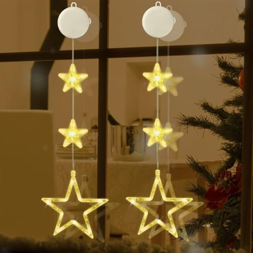 Jsdoin Stella Natale Luci, 2 Pezzi Luci Natalizie Finestra Batteria con Timer, Catena Luminosa Natale Stelline Decorative Luci per Decorare Interni e Esterni Natale Matrimonio Feste(Bianco Caldo)