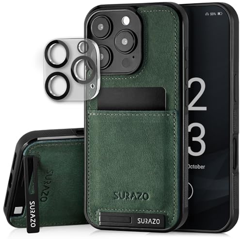 SURAZO Echtleder Back Case für Apple iPhone 16 Pro Hülle – Stoßfestes Leder Handyhülle Cover [Kameraschutz Glas, Kartenfach, Standfunktion, Schlüsselanhänger] Bumper Rückseite Schutzhülle Dunkelgrün