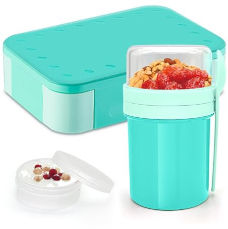 XJIANFU Brotdose Kinder mit Fächern,900ml Auslaufsichere Bento-Box und Müslibecher to Go 350ml+450ml,Auslaufsicherer Lunchbox und Müslibecher Set(1270+3545-Lake Blue)