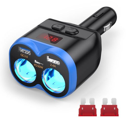 NEUTYPECHIC 5 en 1 Cargador de mechero para Coche, 180 W Adaptador Mechero Coche a Enchufe, 12V/24V PD QC 3.0, con Interruptor Voltímetro LED, Adecuado para Teléfonos móviles, Tabletas, GPS