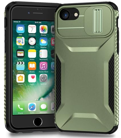 Yerebel Case for iPhone SE 2022/SE 3 2022/iPhone SE 2020/iPhone 7/iPhone 8/iPhone 6/6S Case with Slide Camera Cover, Military Grade Non-Slip Heavy Duty Rugged Protective Phone Cover for iPhone 8 Green