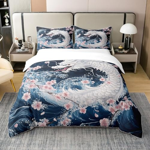 Homewish Coton Dragon Blanc Parure de Lit 240 x 260 Style Japonais Couvre Lit Pétales de Fleurs de Cerisier Roses Housse de Couette Vagues Bleues Literie Set pour Femmes Hommes Adultes