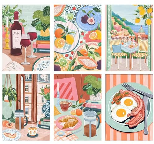 JATOK Lot de 6 peintures par numéros pour adultes, peinture par numéros, table de salle à manger avec pinceaux et peintures acryliques peinte à la main, toile pour décoration d'intérieur, sans cadre,