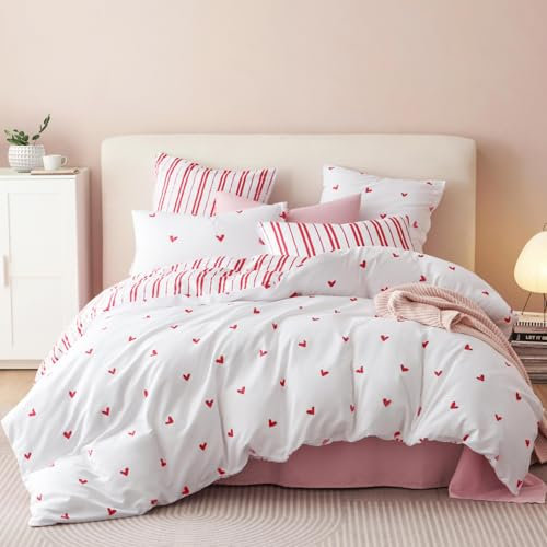 Tospass Liebe Bettwäsche 135x200cm Weiß Rot Herz Gestreift Mädchen Wende Bettwäsche Set Liebesmotiv Romantisch Mikrofaser Deckenbezug 1 Bettbezug mit Reißverschluss 1 Kissenbezug 80x80cm