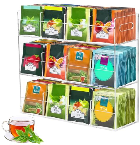 Tefola Tee Organizer mit Griff, 3 Ebenen 12 Fächern, Großes Teeaufbewahrung für 216 Teebeutel, Transparente Transparente Acryl Box für Tee, Kaffee & Zuckerpäckchen, Arbeitsplatte oder Schrank