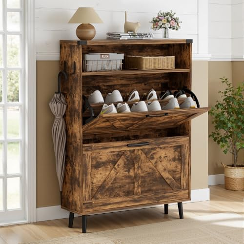 BonVache Schuhschrank Schmal, Schuhregal mit 2 Klappen, Schuhkipper mit 4 Ablageflächen, Schuhkommode mit offenem Stauraum, Schuhaufbewahrung Holz, 80x24x113,5 cm, Braun
