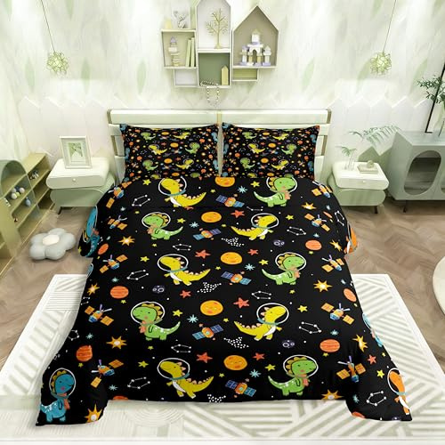 Homewish Cartoon Kinder Dino Bettwäsche 135x200cm Weltraum Dinosaurier Bettwäsche-Set für Jungen Mädchen,Niedliche Planeten Fantasy Universum Bettbezug Set Sterne Sonne Sternbilder Bettset 2 Teilig