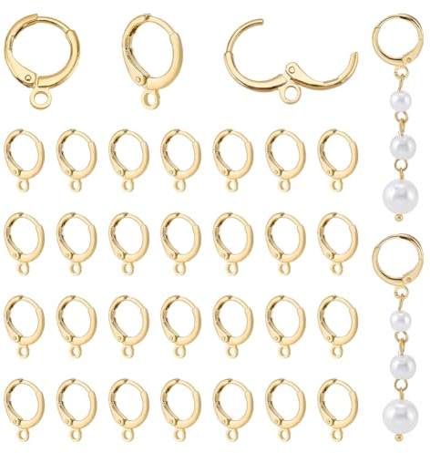 PH PandaHall 60PCS 18K Gold Plated Earring Hooks Round Leverback Earring Hoops Gold Earwires Small Huggie Hoop with Horizontal Loops for Women Jewellery Making Findings, 15x11.5x2mm