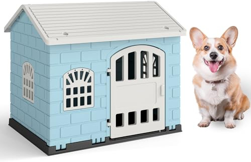 COSTWAY Hundehütte Outdoor, wetterfestes Hundehaus mit Satteldach, abschließbarer Tür & 3 Fenstern, Haustierhaus für kleine & mittelgroße Hunde & Katzen, Hundekäfig Indoor, 75 x 58 x 65 cm (Blau)