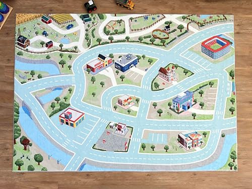 SkippiDoo Spielteppich „Fluffy Town“ – Kinderteppich 200 x 140 cm, kuscheliger Flor, rutschfeste Anti-Rutsch-Rückseite, ideal für Spielzeugautos & Figuren