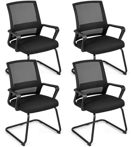 GIANTEX 4er Set Freischwinger Stühle mit Armlehne, Konferenzstuhl mit Lordosenstütze, Bürostuhl ohne Rollen, Schwingstühle für Konferenzraum & Besprechungszimmer (4)