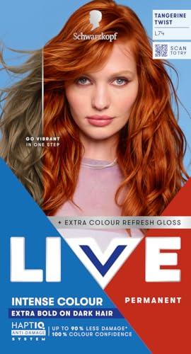 Schwarzkopf LIVE Intense Colour Hair Dye, L74 Tangerine Twist | Permanent Hair Dye, HaptiQ Anti-Damage System, Long-Lasting Results, with Colour Refresh Gloss