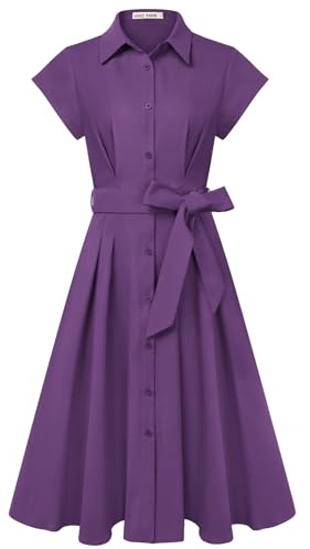 Women's Summer Short Sleeve Shirt Dress A-Line Midi Dresses Purple