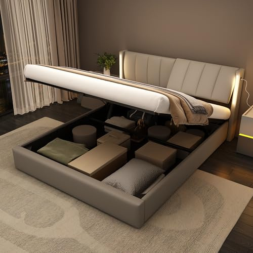 Ojjxh Super King Size Upholstered Bed Frame with LED Lighting and USB Ports, 180x200cm 6ft Modern Bed Frame with Adjustable Headboard and Hydraulic Storage Space for Bed Room, PU, Grey, No Mattress