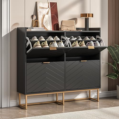 UEV Slim Shoe Storage Cabinet with 4 Flip Drawers, Hidden Shelf & Modern V-Line Design – Narrow Unit for Hallway, Entryway or Living room, Black