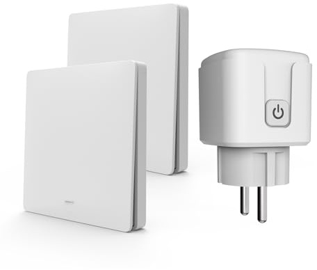 KADMOS Kit Prise Télécommandée et Interrupteur Sans Fil (Sans Pile), Interrupteur Cinétique Auto-alimenté 433MHz, 3500W, Commande à Distance pour Lampes et Appareils (Blanc, 2 Interrupteur + 1 Prise)