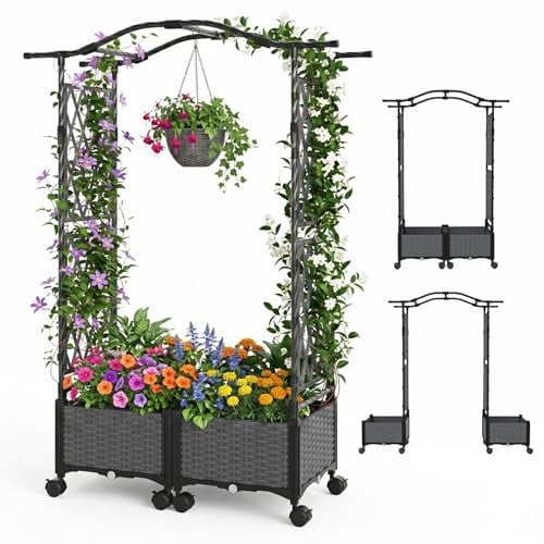 HOMASIS 2 in 1 Rosenbogen mit 2 Blumenkasten auf Rollen, Gartenbogen aus Metall & PP-Rattan, Torbogen für Garten Hochzeit, Rankhilfe Rankgitter Spalier für Kletterpflanzen (Grau, 104x40x147cm)
