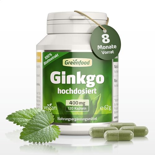 Ginkgo Biloba, hochdosiert, 400 mg - 120 Kapseln, vegan. Reiner Blatt-Extrakt mit Vitamin B5 - unterstützt die kognitive Funktion. OHNE künstliche Zusätze, laborgeprüft. Von Greenfood.