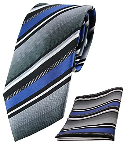 TigerTie Designer Krawatte Designer Einstecktuch in blau silber grau weiss schwarz gestreift