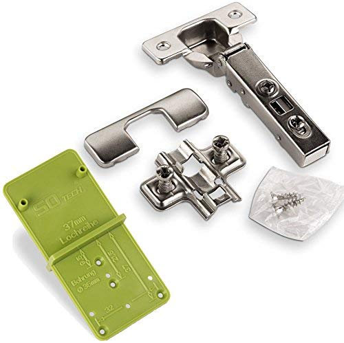 SO-TECH® Topfband T45 Eckanschlag 110° Automatikscharnier mit Schnellmontage - Technik, Schließautomatik und Dämpfer inkl. Ankörnschablone EasyGreen