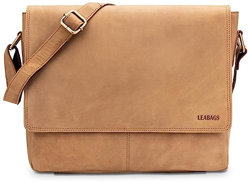 LEABAGS Sac bandoulière pour hommes et femmes | Sac ordinateur portable en cuir véritable 14 | Sac messager avec bandoulière | Sac à main | Sac de travail | Sac de transport | Naturel clair