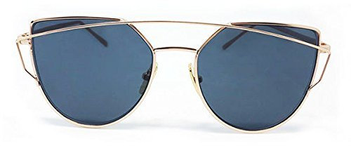 Boolavard Large Oversized Cat Eye Sunglasses Flat Mirrored Lens Metal Frame Women Fashion (Gold on Grey)
