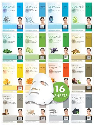DERMAL Collagen Essence Sheet Mask 16 Combo Pack - 16 Days Daily Skin Therapy for Glow - Aloe, Snail, Vitamin Variety Gift Set - K-Beauty