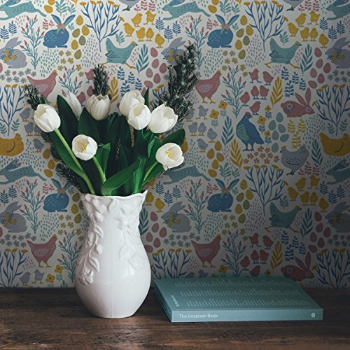 Fröhliche Land TapeteHoppelgarten mit bunten Hühnern, Hasen & Blumen, Farbe2 groß, passt zu Farrow & Ball Farben Vlies Tapete Blumen Tiere, frische GMM Wandtapete (Muster 20 x 46,5cm)