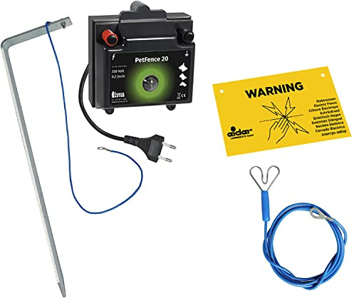 Eider Weidezaungerät PetFence 20 mit Erdstab, Warnschild & Kabel - 230 Volt - praktisches Staterset für den Hundezaun/Katzenzaun - schreckt ab ohne zu verletzen - Elektrozaungerät