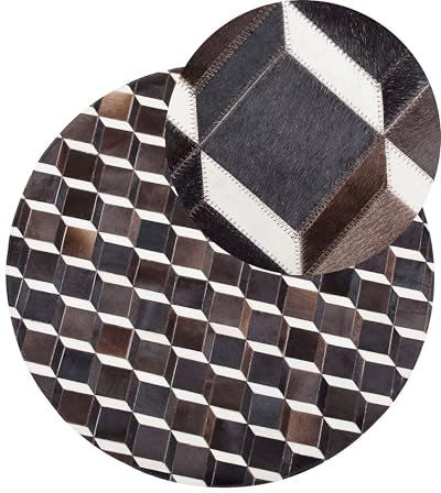Beliani Moderner Leder-Teppich Braun mit 3D-Muster Rund 140 cm Alpkoy