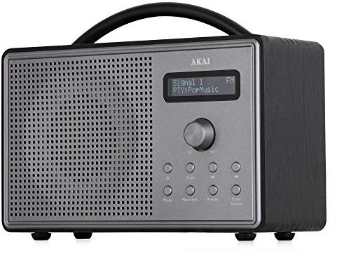 Akai A61035 Mono DAB/FM Radio and Alarm Function with LCD Backlight Screen, Headphone Socket, Powered by Mains or 4 x C Batteries, Black Wood and Titanium