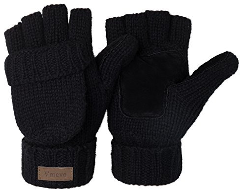 ViGrace Winter-Handschuhe, gestrickt, wandelbar, fingerlos, Woll-Fäustlinge, warmer Handschuh für Damen und Herren, Schwarz, Medium