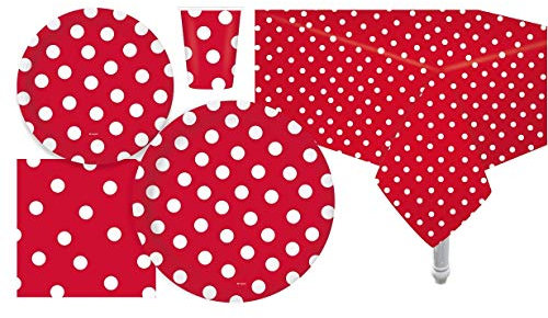 Serves 30 | Complete Party Pack | Red Polka Dot Party Supplies | 9 Dinner Paper Plates | 7 Dessert Paper Plates | 9 oz Cups | 3 Ply Napkins | 2 Red Polka Dot Table Cover Size: 54 x 108