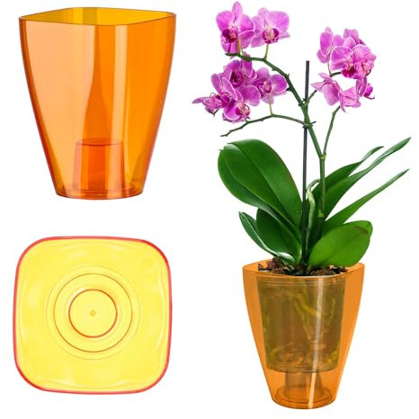KADAX Blumentopf, schlanker Orchideentopf, Schlichter Pflanzkübel, Blumenkübel für Orchidee, Knabenkraut, Gänseblümchen, Übertopf für Küche und Wohnzimmer (⌀ 12cm, eckig, Orange)