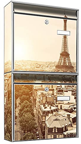 banjado® Briefkastenanlage 2 Fach 36x64x10cm mit Motiv/Briefkasten groß mit Namensschild/Postkasten A4 Einwurf inkl. Montagematerial & je 2 Schlüsseln/Briefkasten ohne Zeitungsfach