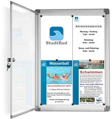 Floordirekt | Tableau d'affichage en aluminuim, vitrine d'affichage avec serrure à clé | Tableau arrière magnétique - Porte avec serrure - Cadre en aluminium | 3 x A4